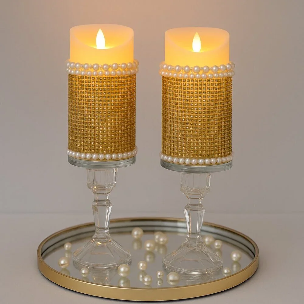 Handmade Gold & Pearl Glam Candle Holders – Elegant Crystal Base Set (2 Pieces)